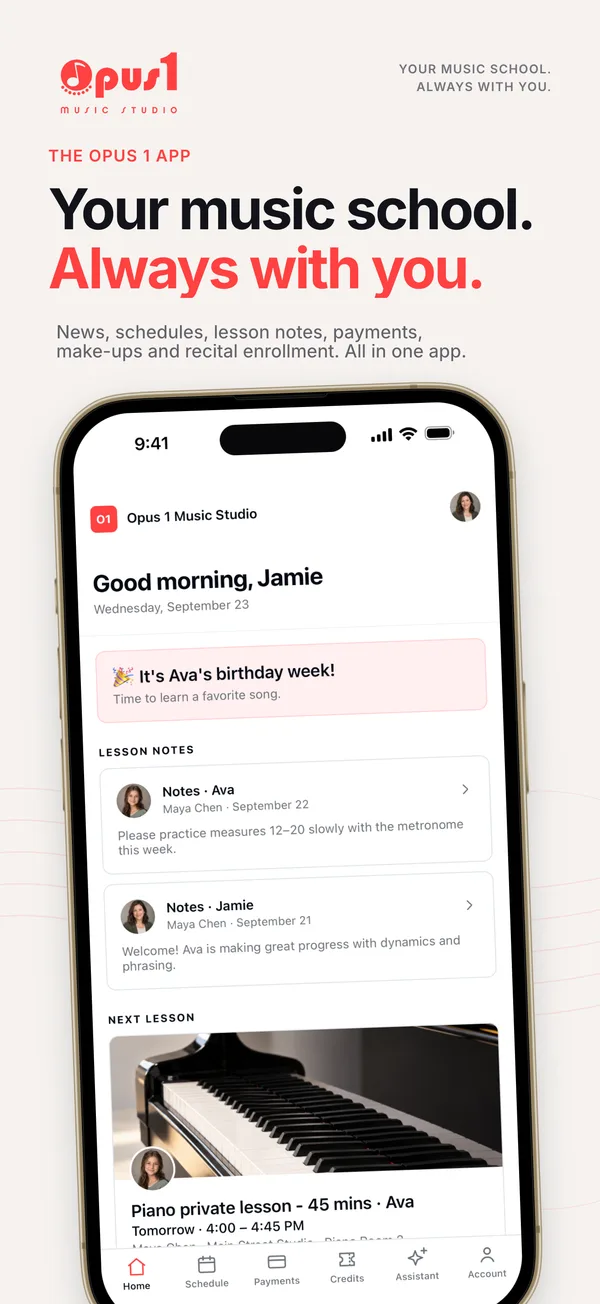 Home screen of the Opus 1 app with lesson notes and the next lesson