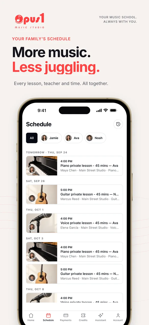 Family lesson schedule in the Opus 1 app