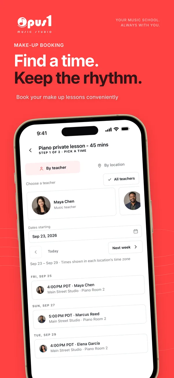 Booking a make-up lesson in the Opus 1 app