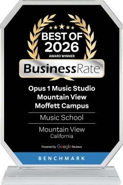 BusinessRate Best of 2026 Award Winner plaque for Opus 1 Music Studio Mountain View Moffett Campus in the Music School category