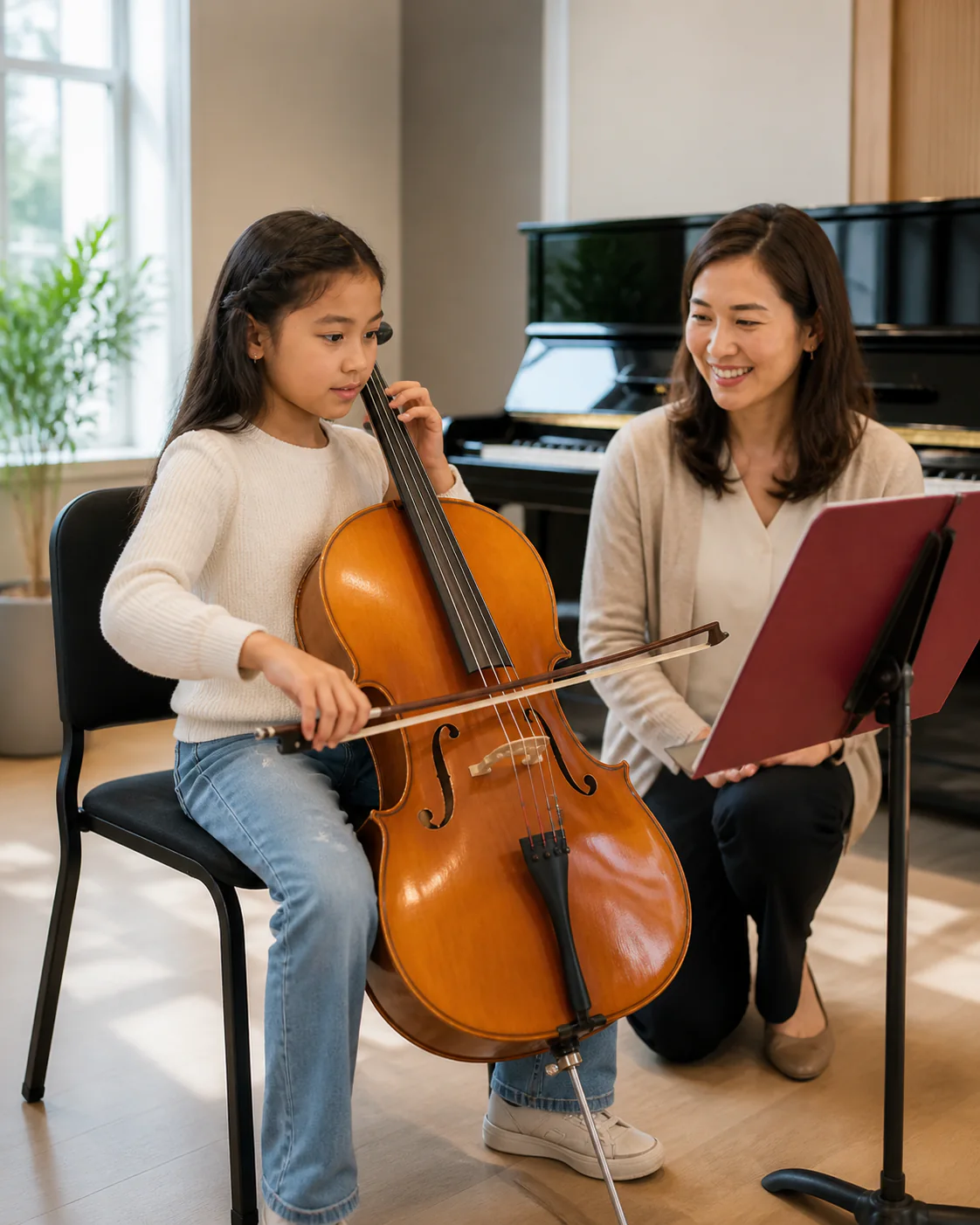 Child learning cello with an encouraging teacher