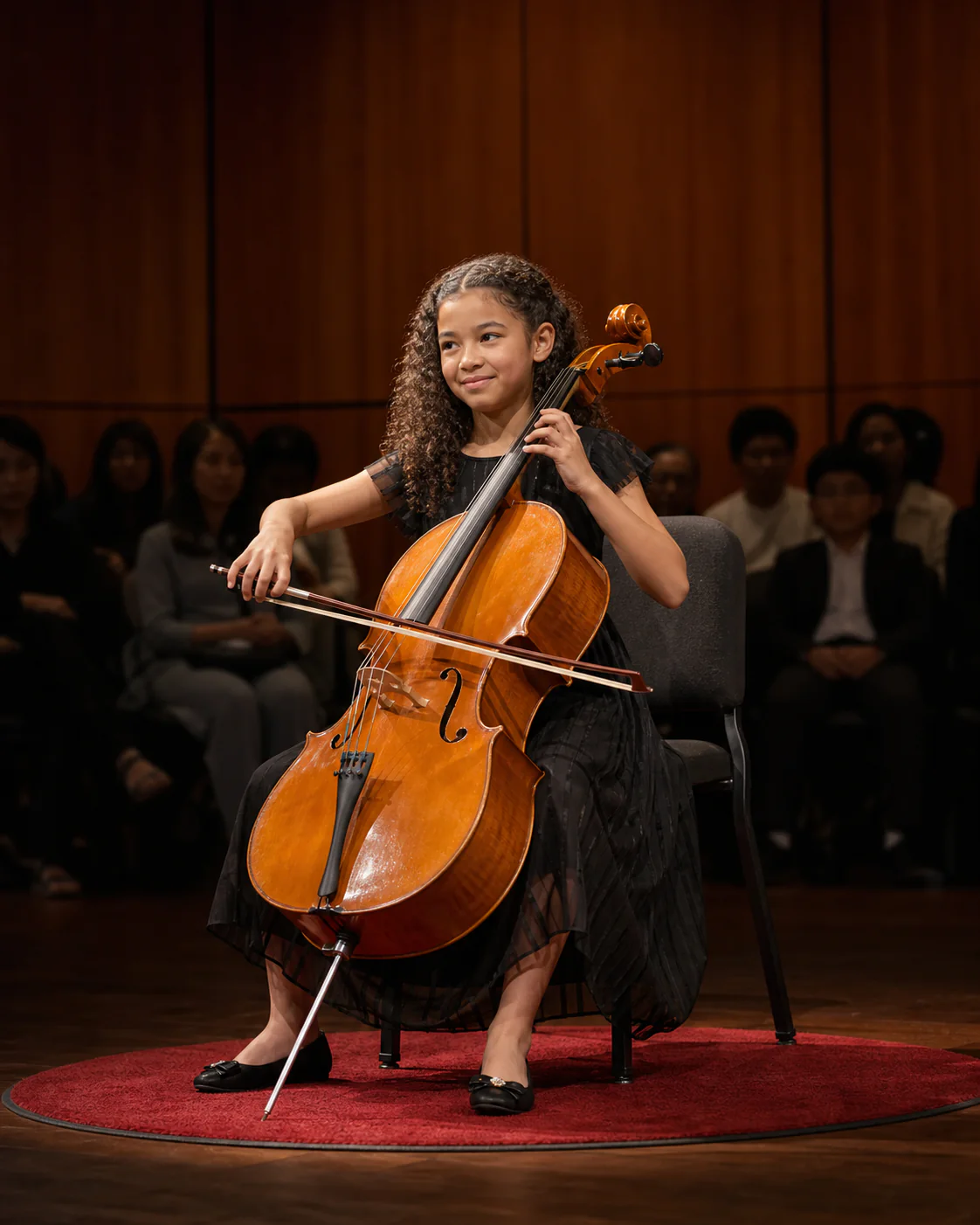 Child cellist performing confidently on a recital stage