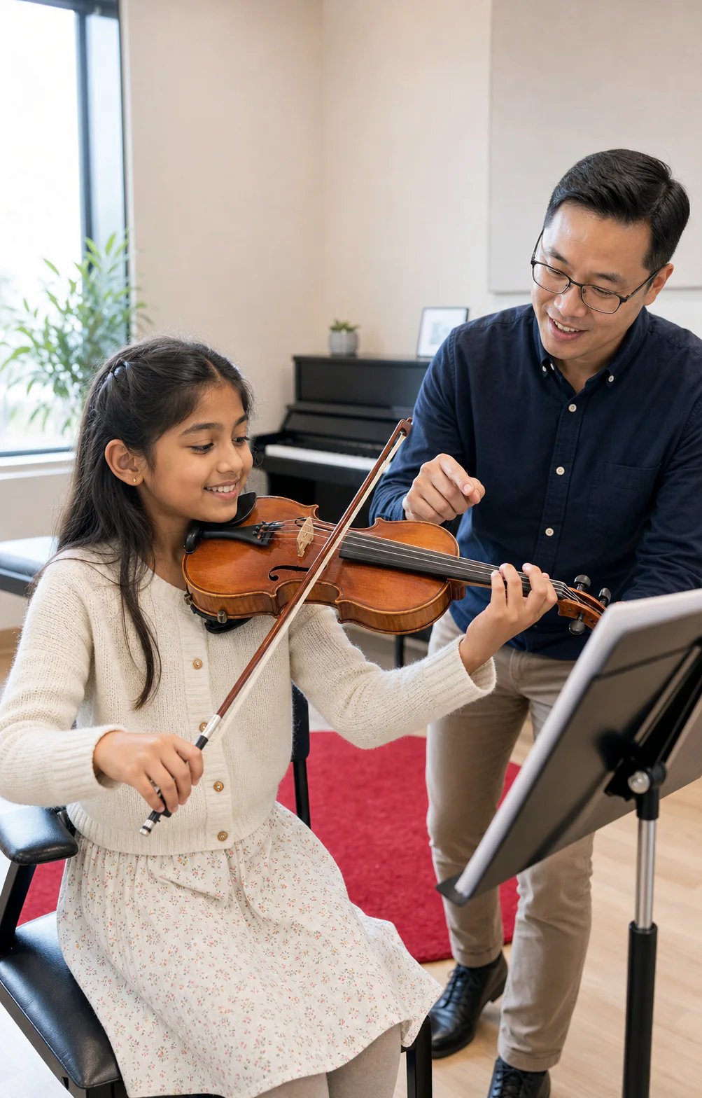 Child learning violin with an encouraging teacher