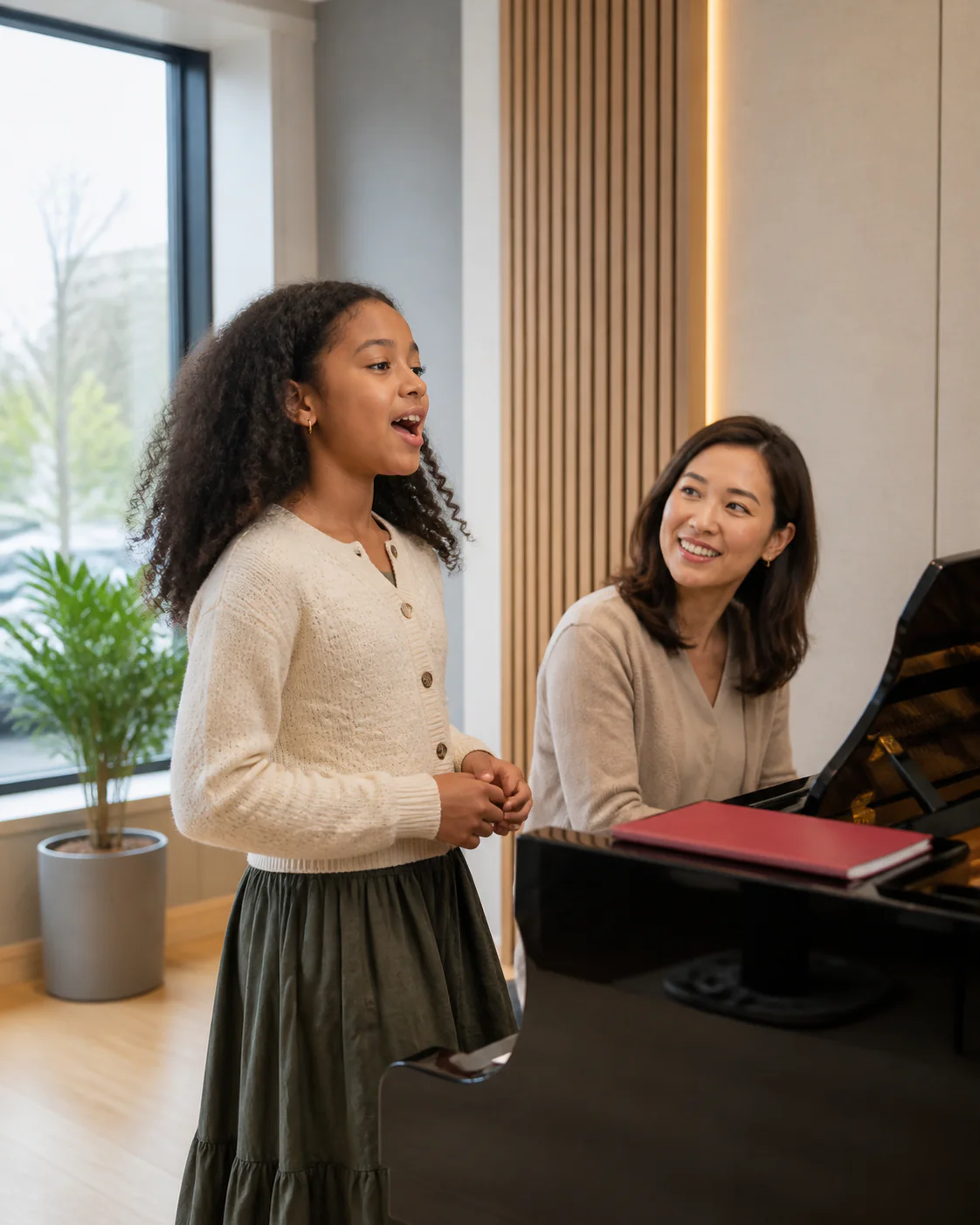 Child practicing singing while a teacher accompanies at the piano