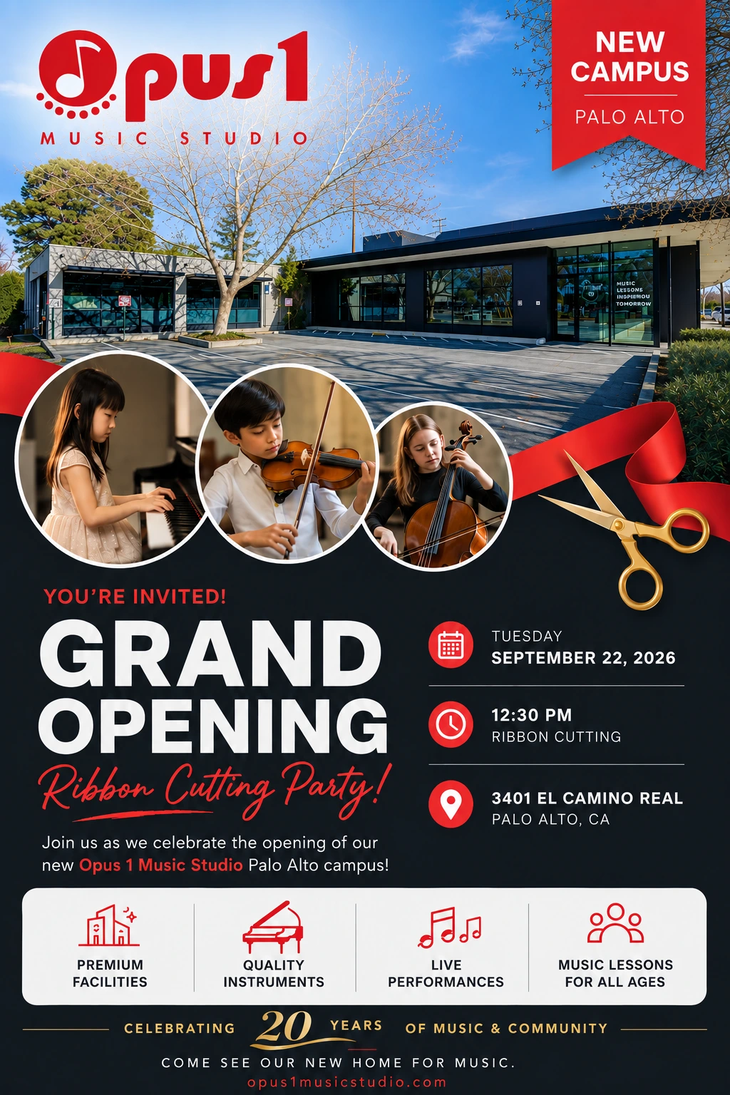 Invitation to the Opus 1 Music Studio Palo Alto grand opening: Tuesday, September 22, 2026, with a ribbon cutting at 12:30 p.m. at 3401 El Camino Real, Palo Alto.