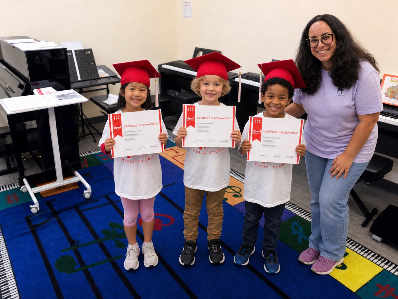 Three My First Piano graduates in red caps showing their certificates with their Opus 1 teacher