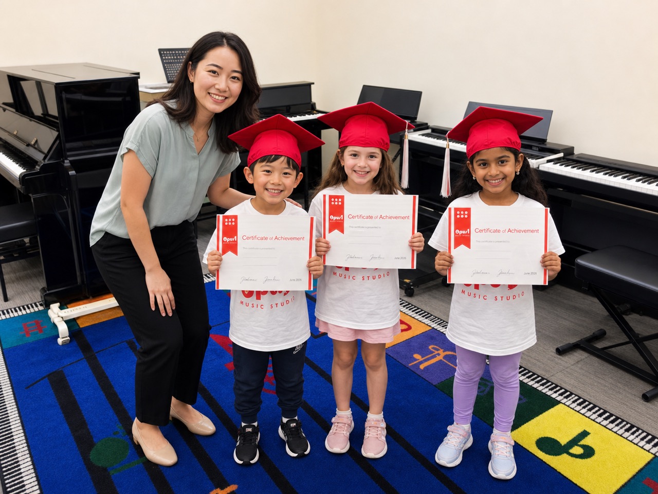 Opus 1 teacher congratulating three young pianists at their group class graduation