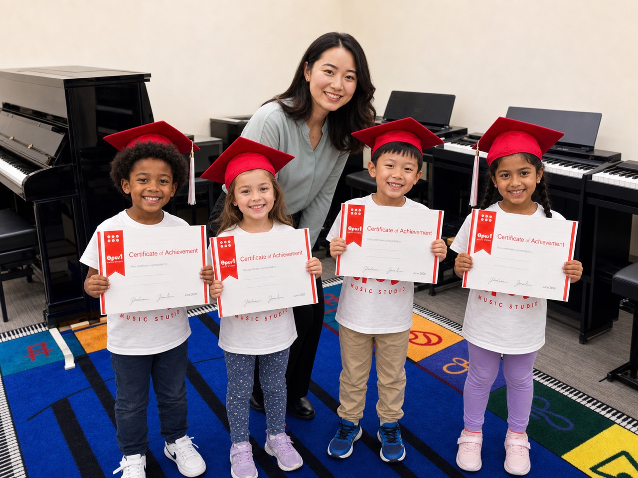 Four proud group class graduates holding certificates in the Opus 1 classroom