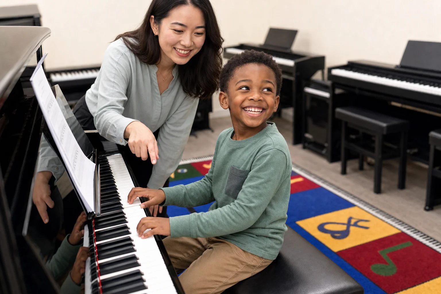 Representative lesson image of a smiling young pianist playing an upright piano with his teacher beside him