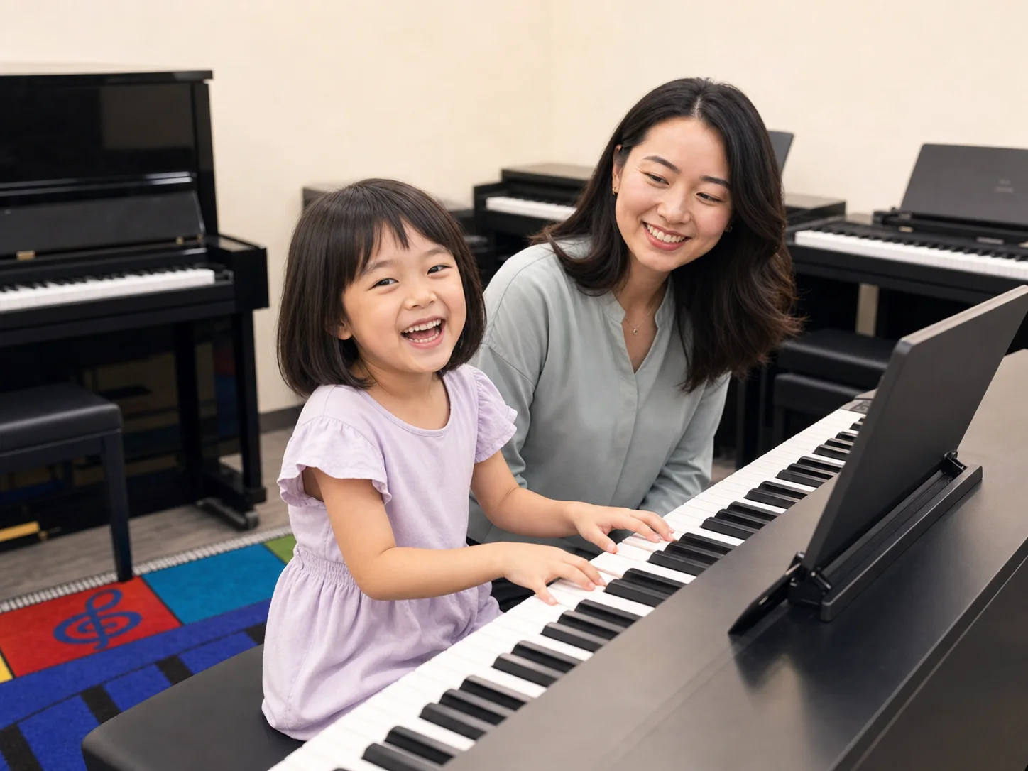 Representative lesson image of a joyful young pianist practicing at a digital piano with her teacher