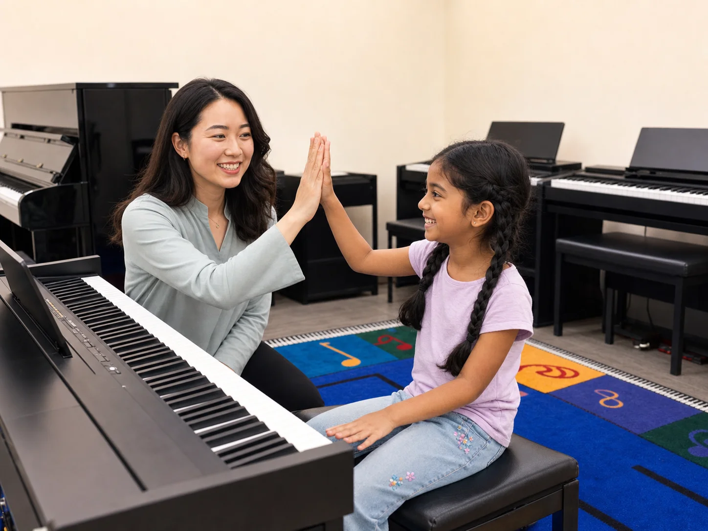 Representative lesson image of a young pianist celebrating her progress with a teacher high-five