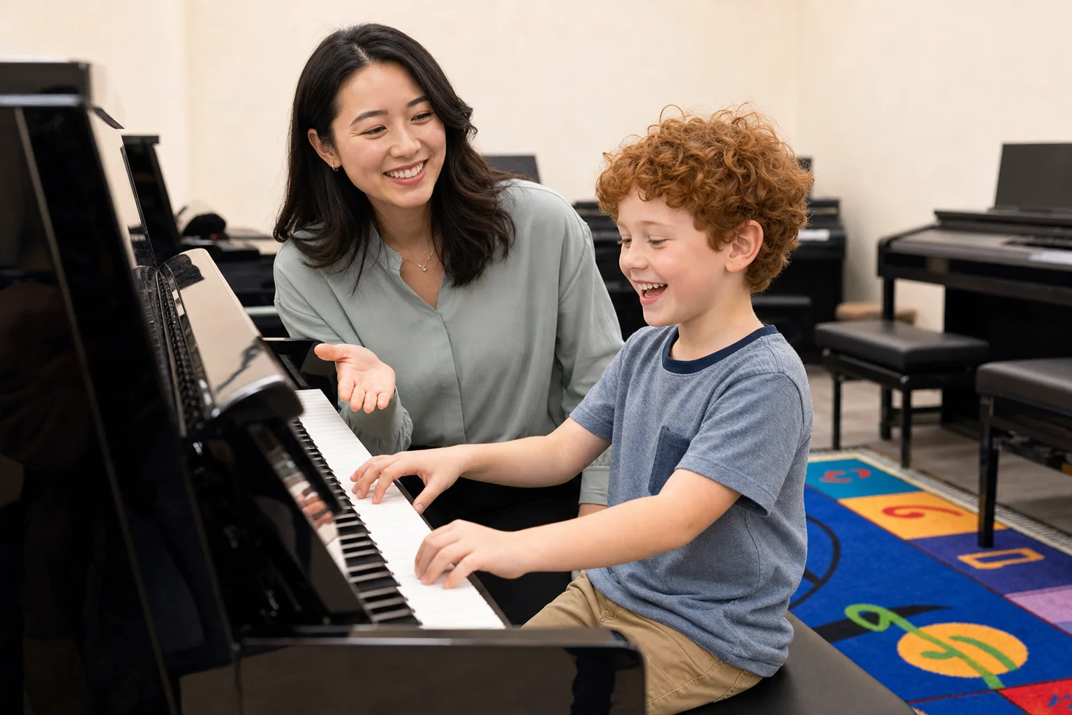 Representative lesson image of a happy young pianist playing while his teacher encourages him